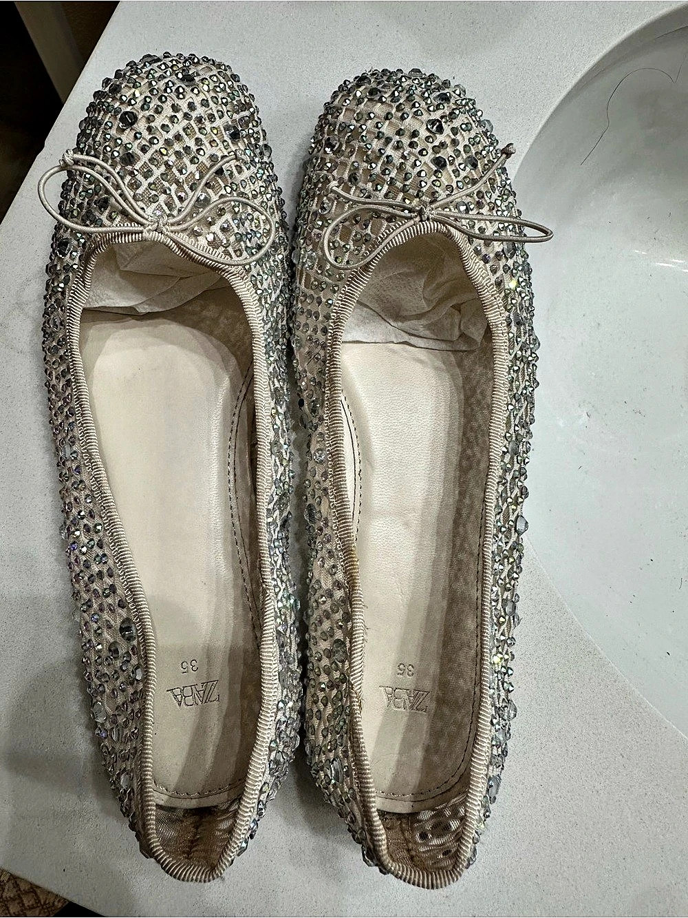 Zara Rhinestone Mesh Ballerina Flats Beige & Multicolor EU 35